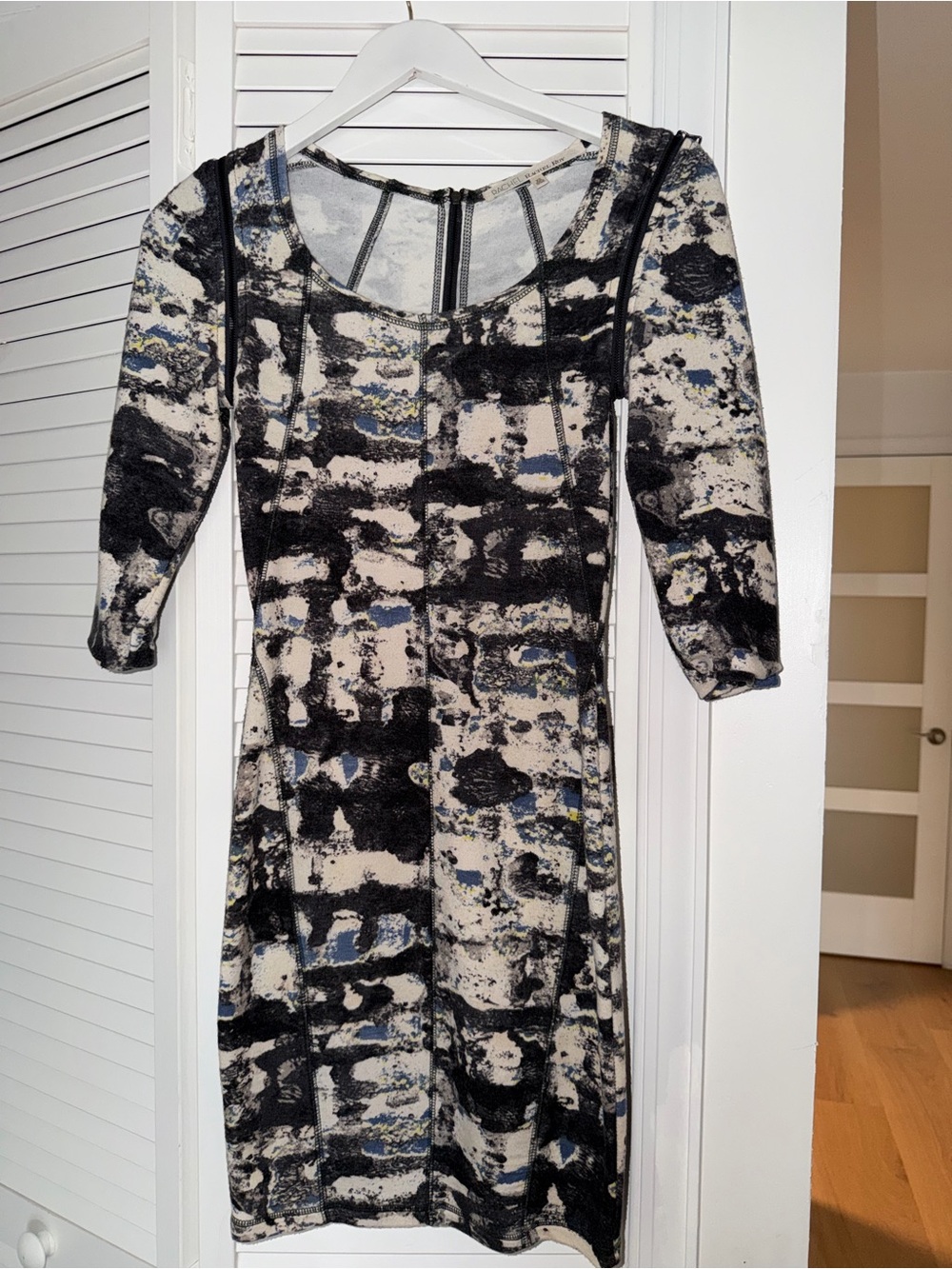 RACHEL Rachel Roy Black, Cream & Blue Abstract Midi Dress